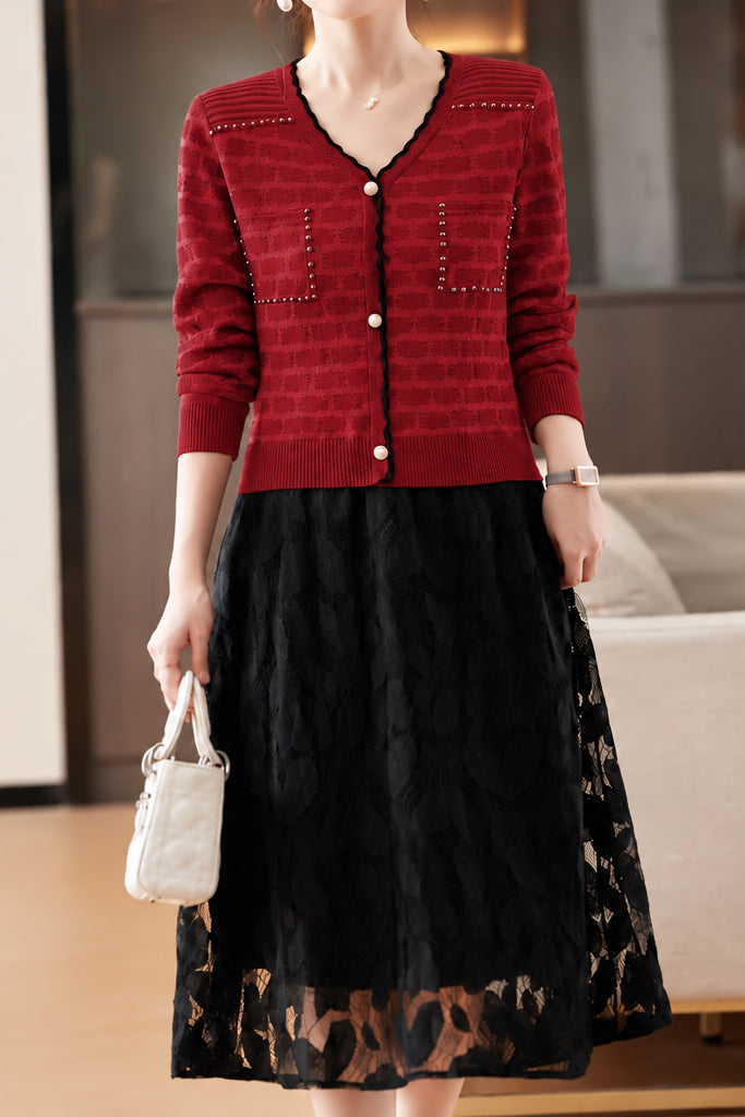 Elegant V-Neck Layered Look Lace Knit Dress