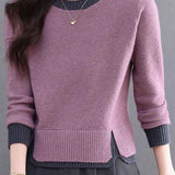 Elegant Colorblock Crew Neck Knit Sweater