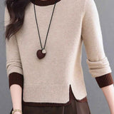 Elegant Colorblock Crew Neck Knit Sweater