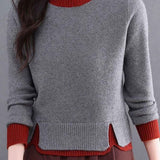 Elegant Colorblock Crew Neck Knit Sweater