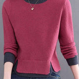 Elegant Colorblock Crew Neck Knit Sweater