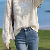Pearl Embellished V-Neck Cable Knit Sweater