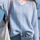 Pearl Embellished V-Neck Cable Knit Sweater