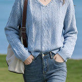 Pearl Embellished V-Neck Cable Knit Sweater