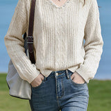 Pearl Embellished V-Neck Cable Knit Sweater