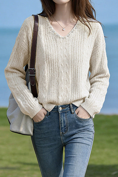 Pearl Embellished V-Neck Cable Knit Sweater