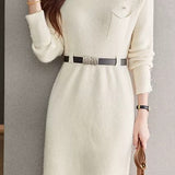 Elegant Mock Neck Cinched Waist Knit Dress