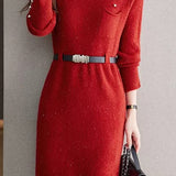 Elegant Mock Neck Cinched Waist Knit Dress