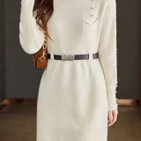 Elegant Mock Neck Cinched Waist Knit Dress