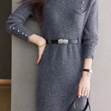Elegant Mock Neck Cinched Waist Knit Dress
