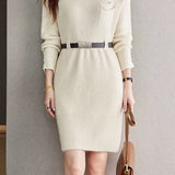 Elegant Mock Neck Cinched Waist Knit Dress