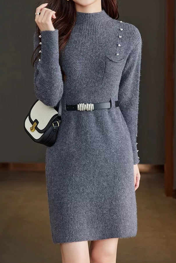 Elegant Mock Neck Cinched Waist Knit Dress