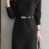 Elegant Mock Neck Cinched Waist Knit Dress