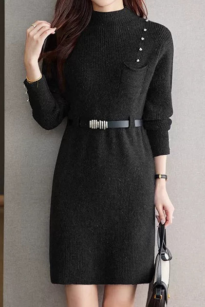Elegant Mock Neck Cinched Waist Knit Dress