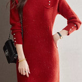 Elegant Mock Neck Cinched Waist Knit Dress