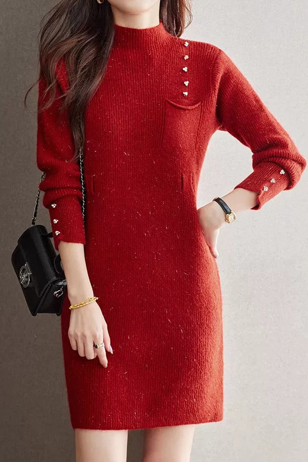 Elegant Mock Neck Cinched Waist Knit Dress