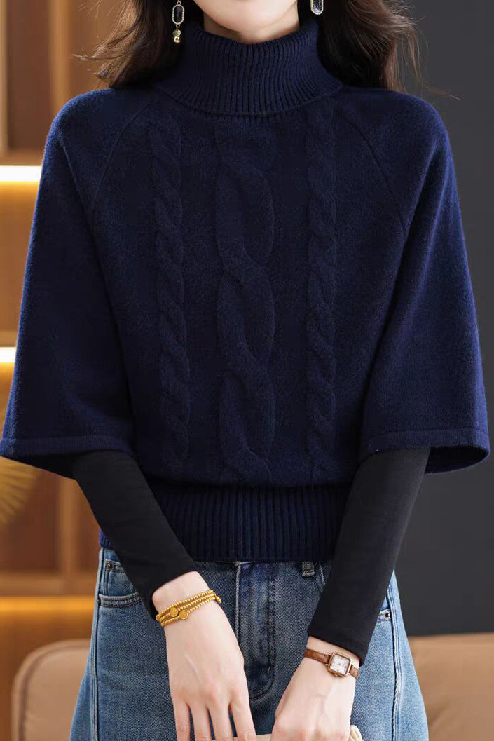 Chic Turtleneck Cable Knit Elbow Sleeve Sweater