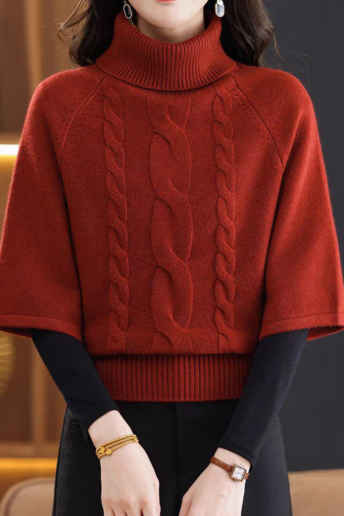 Chic Turtleneck Cable Knit Elbow Sleeve Sweater
