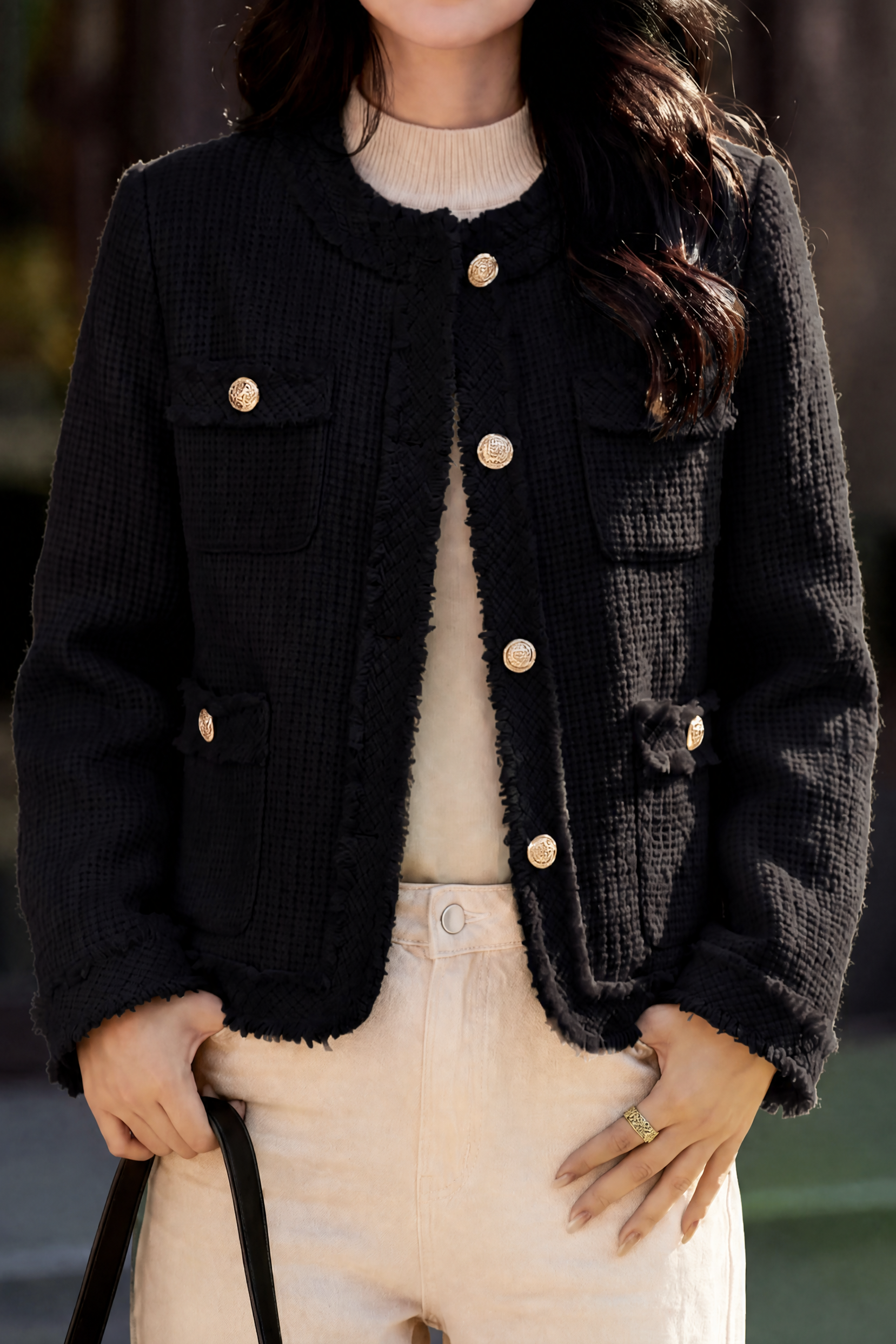 Elegant Frayed Fringe Tweed Jacket