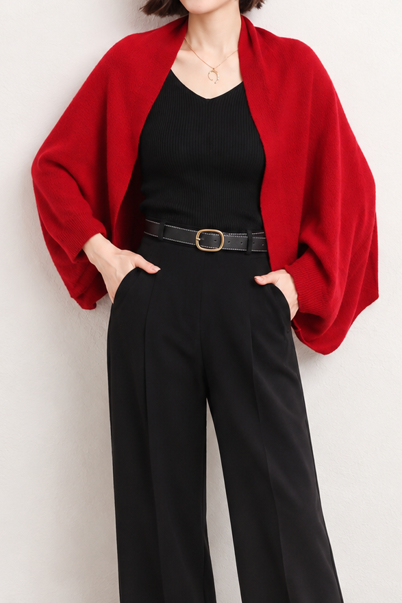 Elegant Batwing Sleeve 100% Wool Knit Shawl