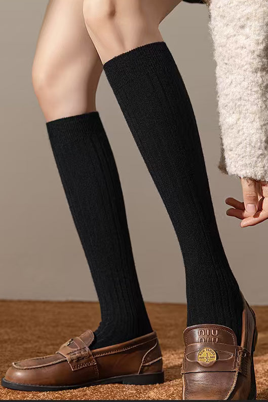 Casual Solid Color Ribbed Wool Knee High Socks
