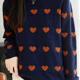 Casual Colorblock Heart Jacquard Knit Sweater