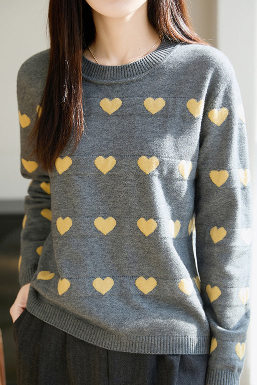 Casual Colorblock Heart Jacquard Knit Sweater