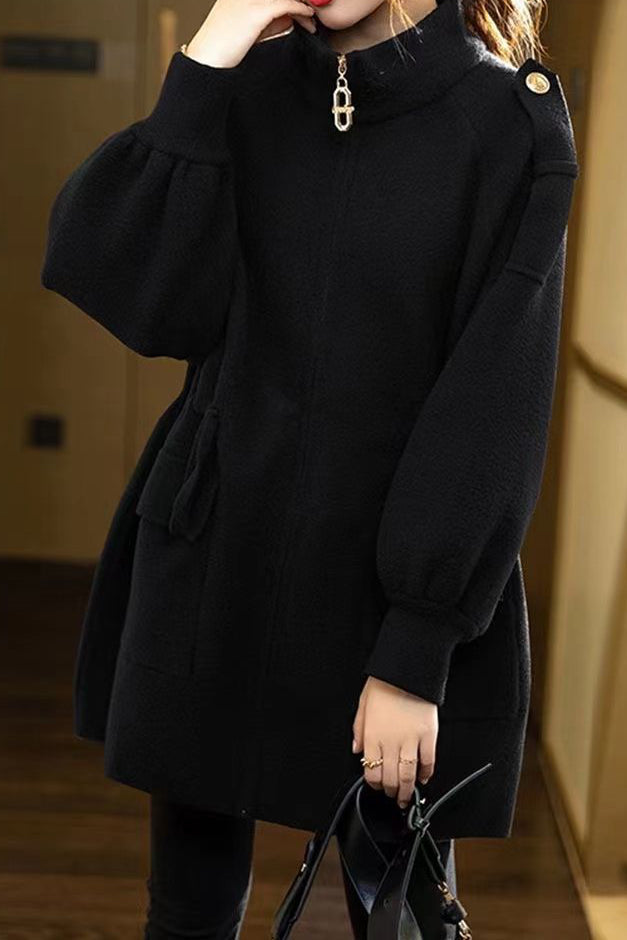 Casual Stand Collar Zip-Up Drawstring Jacket with Epaulets