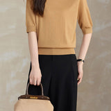 Versatile Rose Emblem Tencel Wool Short Sleeve Knit Sweater
