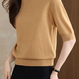 Versatile Rose Emblem Tencel Wool Short Sleeve Knit Sweater