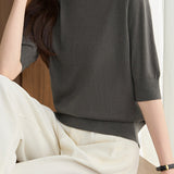 Versatile Rose Emblem Tencel Wool Short Sleeve Knit Sweater