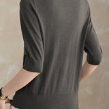 Versatile Rose Emblem Tencel Wool Short Sleeve Knit Sweater