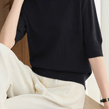 Versatile Rose Emblem Tencel Wool Short Sleeve Knit Sweater