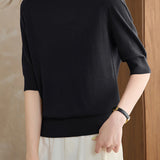 Versatile Rose Emblem Tencel Wool Short Sleeve Knit Sweater