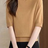 Versatile Rose Emblem Tencel Wool Short Sleeve Knit Sweater