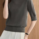 Versatile Rose Emblem Tencel Wool Short Sleeve Knit Sweater