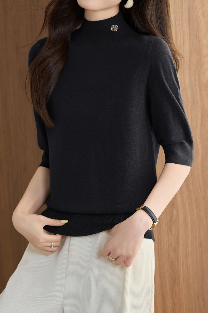 Versatile Rose Emblem Tencel Wool Short Sleeve Knit Sweater