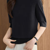 Versatile Rose Emblem Tencel Wool Short Sleeve Knit Sweater