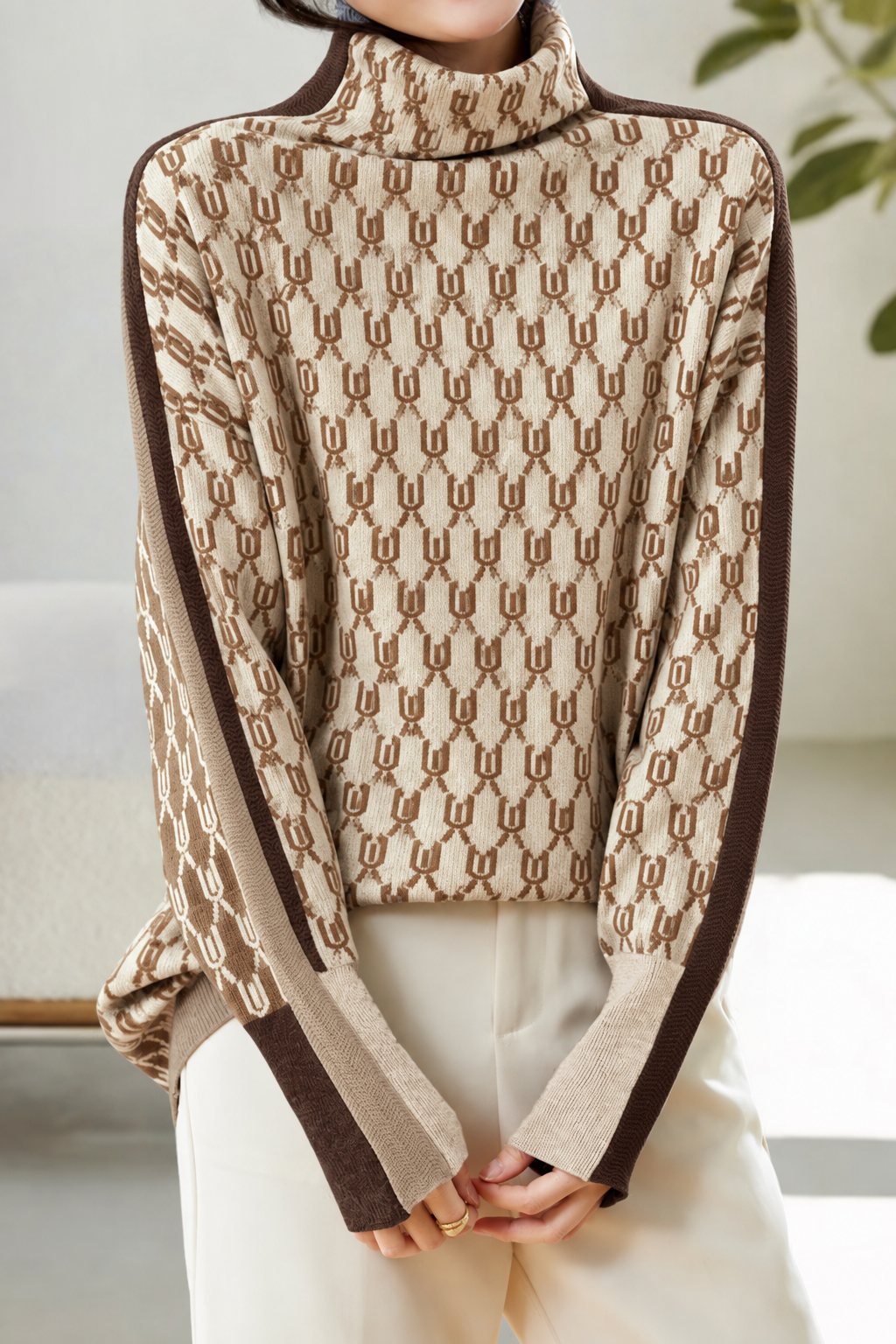 Casual Reversible Colorblock Jacquard Merino Wool Sweater