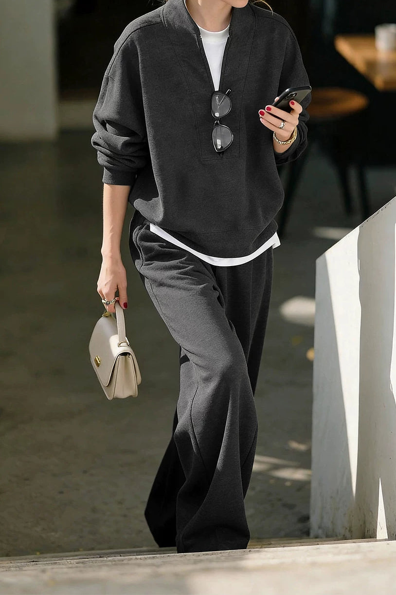 Casual Half Zip Wide Leg Pants Set