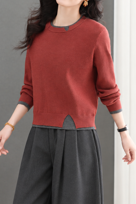 Versatile Layered Look Notched Slit Knit Sweater