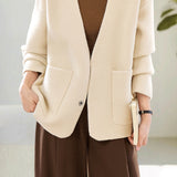 Elegant V-Neck Single Button Patch Pocket Knit Cardigan