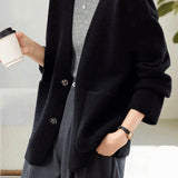 Elegant V-Neck Single Button Patch Pocket Knit Cardigan