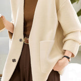 Elegant V-Neck Single Button Patch Pocket Knit Cardigan
