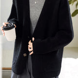 Elegant V-Neck Single Button Patch Pocket Knit Cardigan