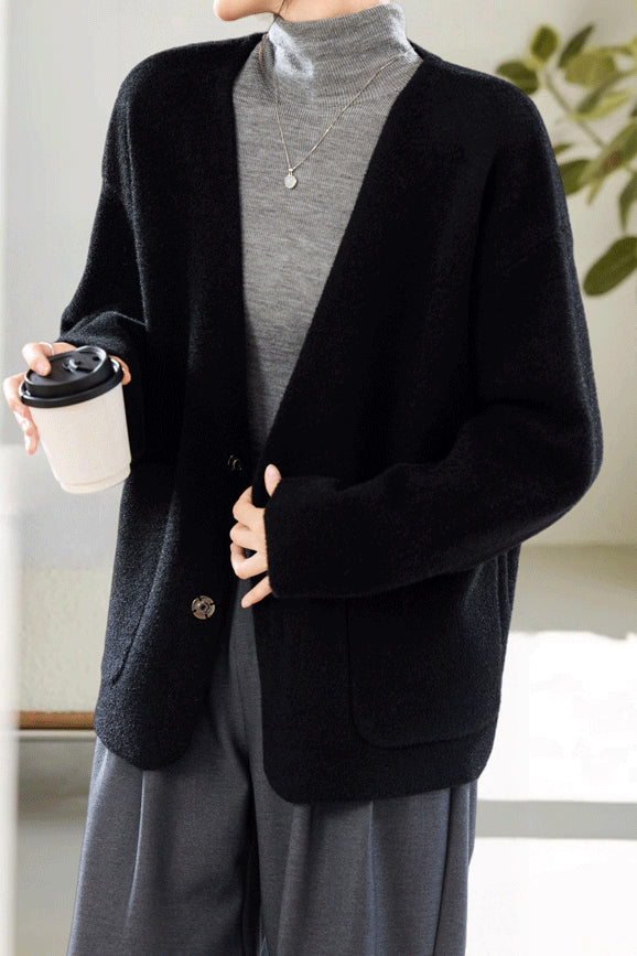 Elegant V-Neck Single Button Patch Pocket Knit Cardigan