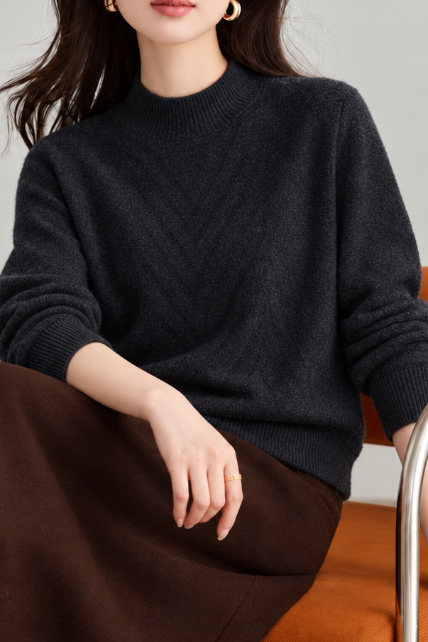 Chic Mock Neck Textured Long Sleeve Knit Sweater
