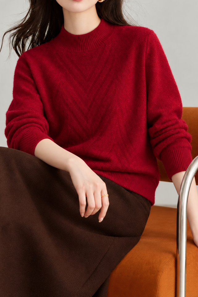 Chic Mock Neck Textured Long Sleeve Knit Sweater