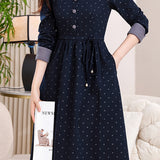 Elegant Colorblock Polka Dot Collared Long Sleeve Dress