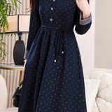 Elegant Colorblock Polka Dot Collared Long Sleeve Dress